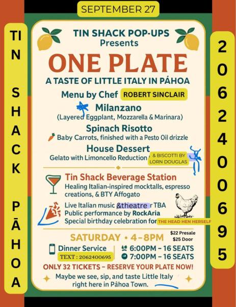 Event thumbnail for ONE PLATE: A Taste of Little Italy in Pāhoa
